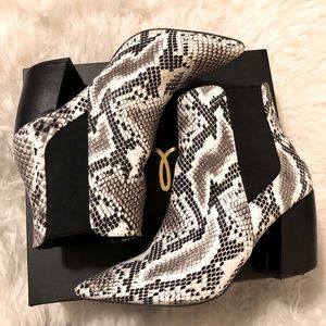 Faux snakeskin pointy-toed booties